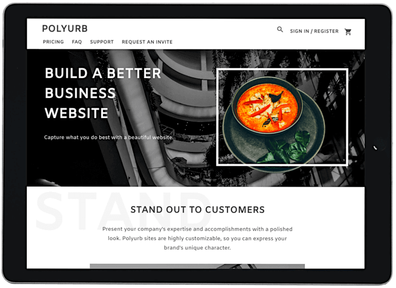 Polyurb website builder homepage displayed on an iPad.