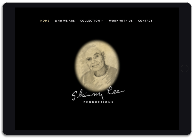 Skinny Lee Productions website homepage displayed on an iPad.