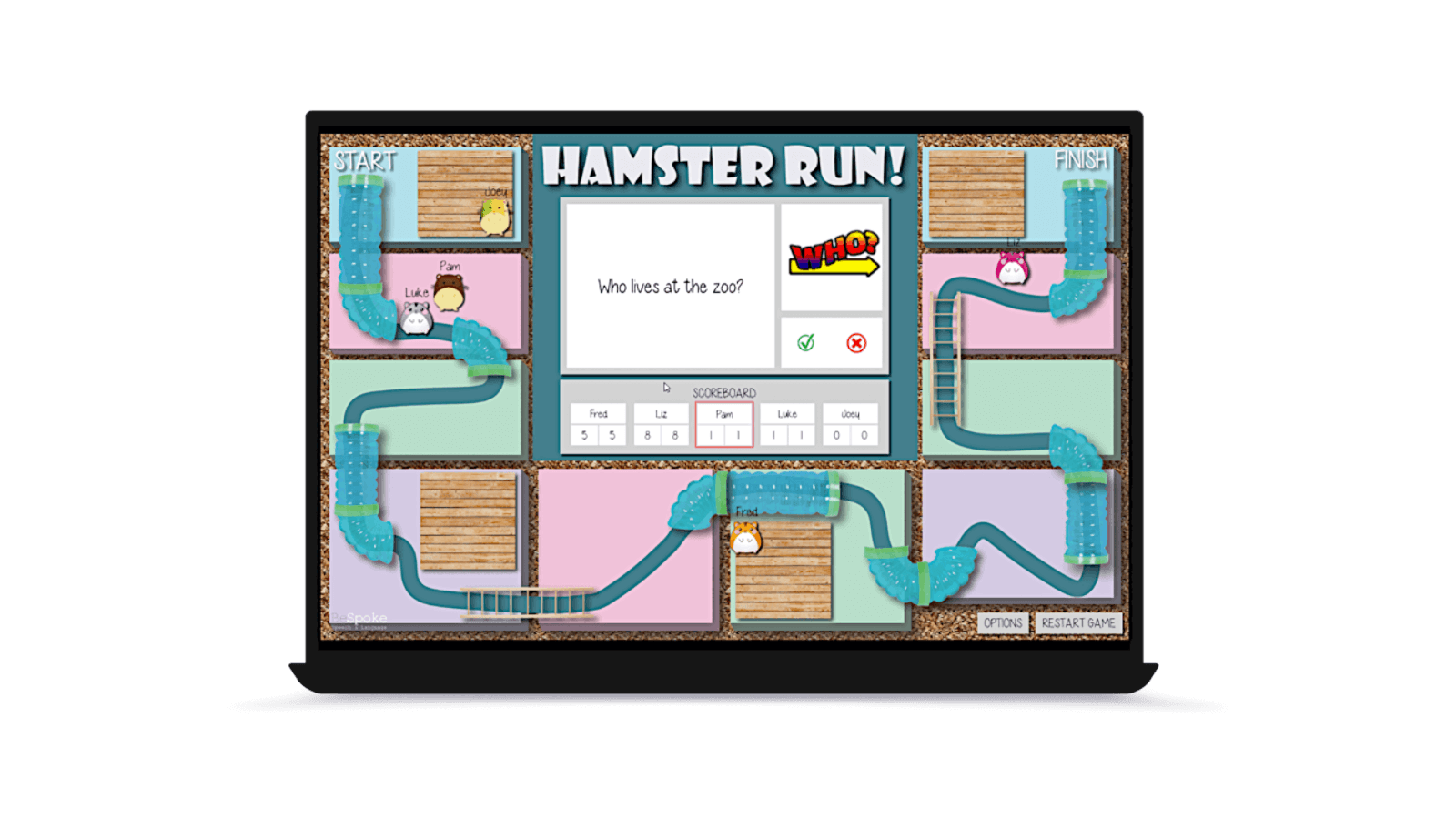 BeSpoke Speech Hamster Run browser game screenshot displayed on desktop