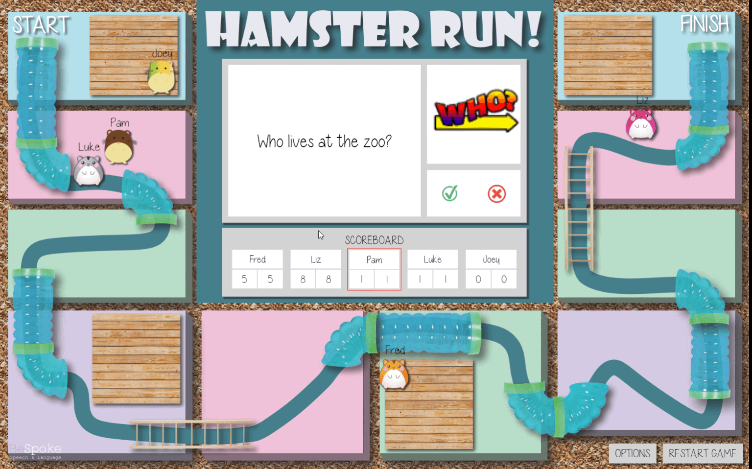 Screenshot of Hamster Run!, a speech therapy browser game designed by BeSpoke Speech and Language and developed by Camille K. Spain Web Design & Development.