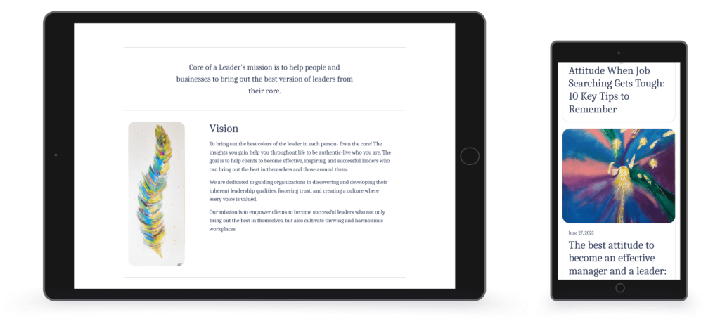 Core of a Leader website typographical design shown on tablet and mobile.