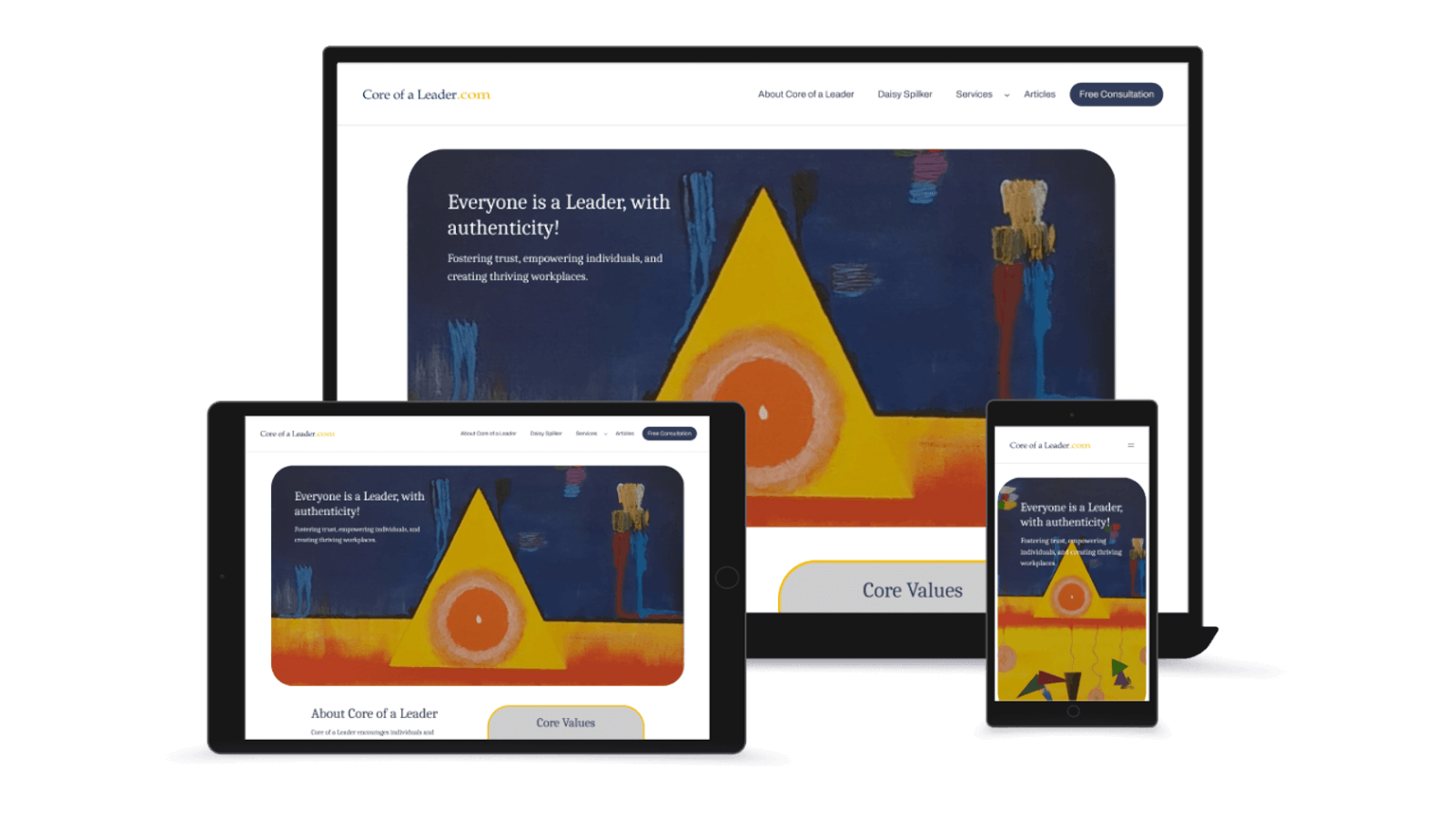 Core of a Leader website design displayed on desktop, mobile, and tablet