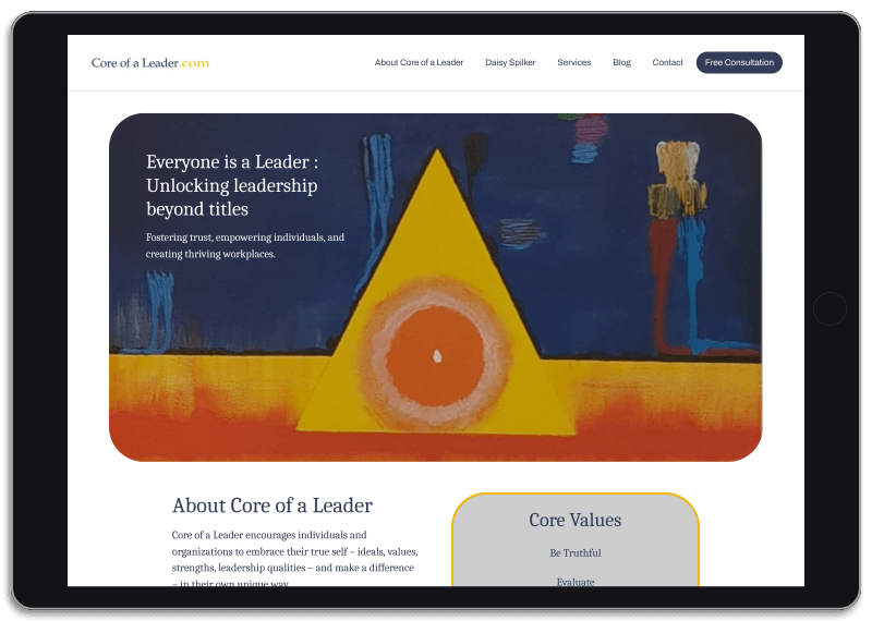 Core of a Leader website design displayed on iPad. Design by Camille K. Spain Web Design & Development.