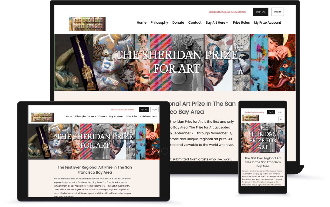 Sheridan Prize for Art website displayed on desktop, mobile, and tablet devices.