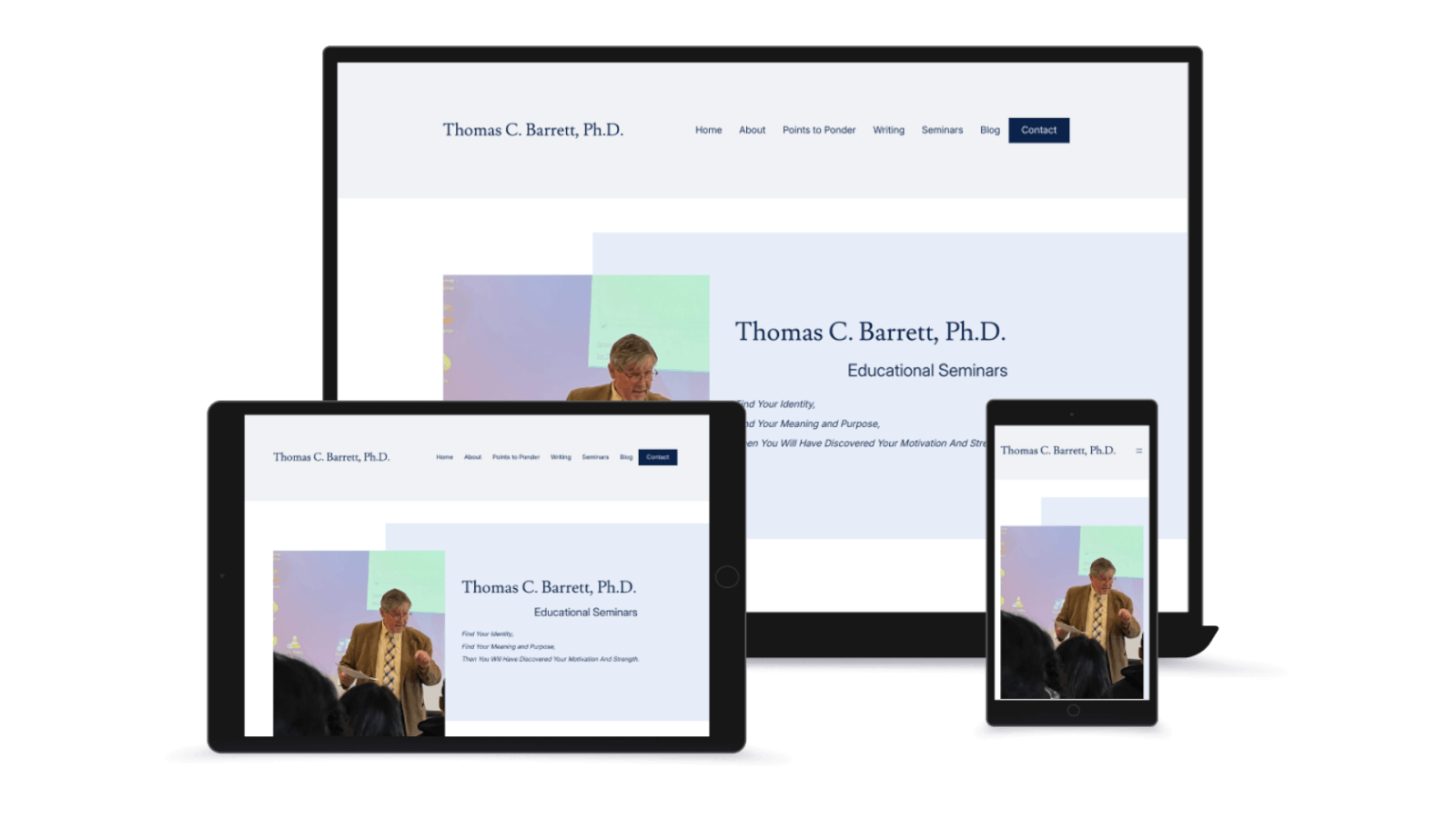 Thomas C. Barrett, Ph.D website design displayed on desktop, mobile, and tablet