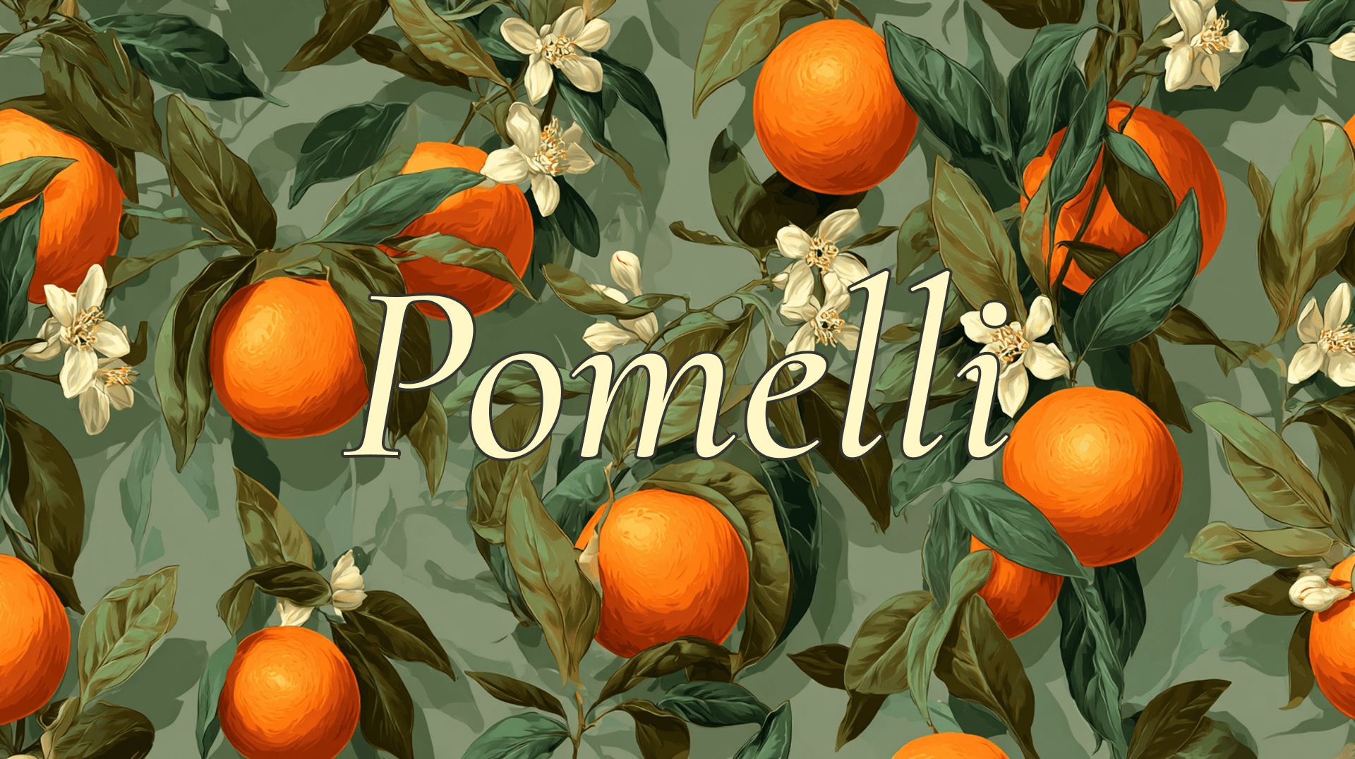 Pomelli text overlaid on a background of painted oranges and orange blossoms