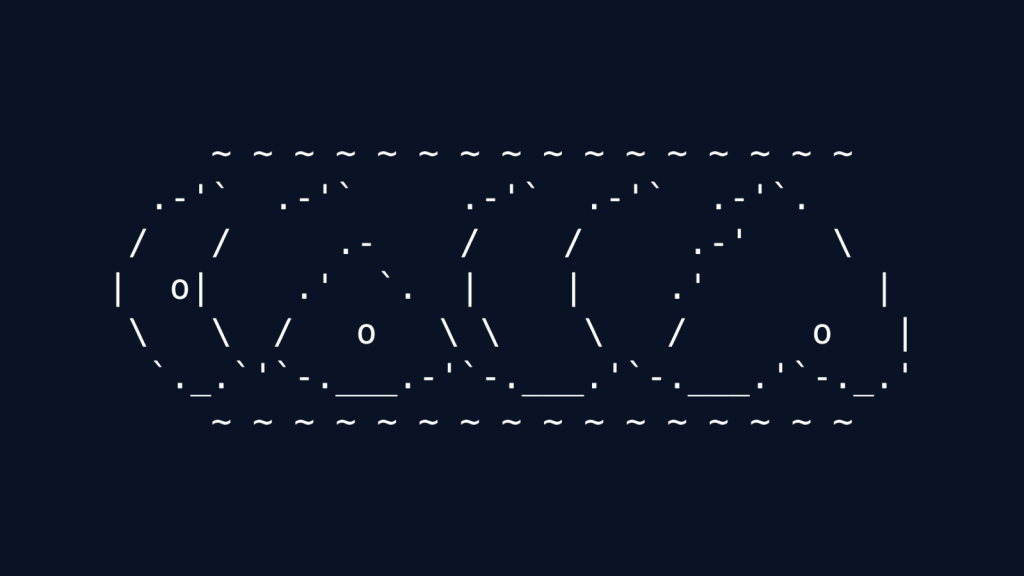 A row of ASCII art figures with rounded shapes, separated by wavy lines at top and bottom. Each figure is constructed with simple characters like pipes, slashes, dots, and dashes, creating a crowd or procession of stylized forms.