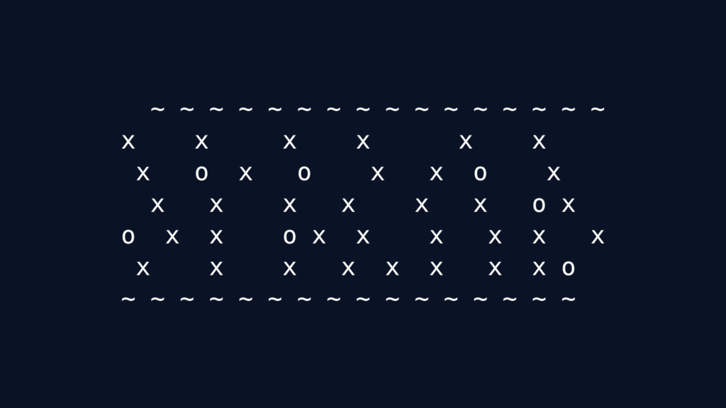A grid of X's and O's enclosed by wavy lines at top and bottom, resembling a tic-tac-toe game board repeated multiple times across the composition.