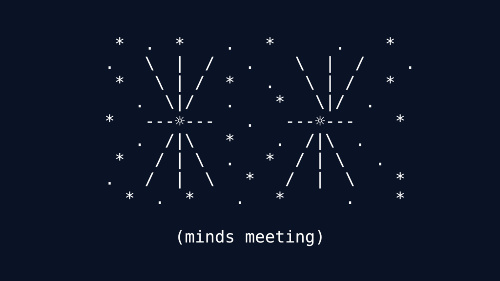 Two symmetrical tree-like structures made of asterisks and lines, with their roots meeting at a central dashed asterisk. Scattered asterisks and dots surround both structures. Text below reads "(minds meeting)".