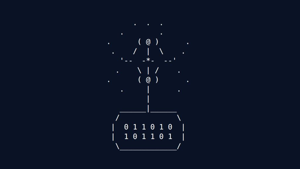 A tree structure with scattered dots surrounding it. At the top is "(@)" with branches extending downward to a middle node also labeled "(@)" with an asterisk. Lines converge downward to a box containing two rows of binary digits: "011010" and "101101". Dots are distributed around the entire structure.