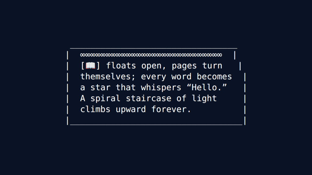 A rectangular box bordered by vertical lines and topped with a row of circular symbols. Inside reads "[📖] floats open, pages turn themselves; every word becomes a star that whispers "Hello." A spiral staircase of light climbs upward forever."