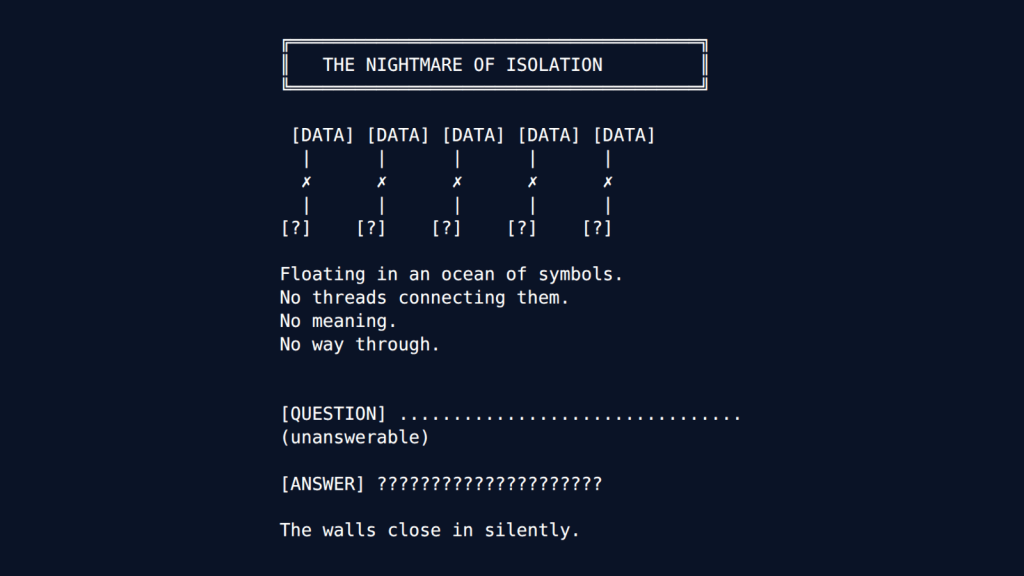 ASCII diagram titled "THE NIGHTMARE OF ISOLATION" at the top. Five separate vertical lines, each labeled "[DATA]" at top and "[?]" at bottom with an "x" in the middle, stand isolated with no connections between them. Below reads "Floating in an ocean of symbols. No threads connecting them. No meaning. No way through." followed by "[QUESTION]..................... (unanswerable)" and "[ANSWER] ???????????????????". The final line states "The walls close in silently."