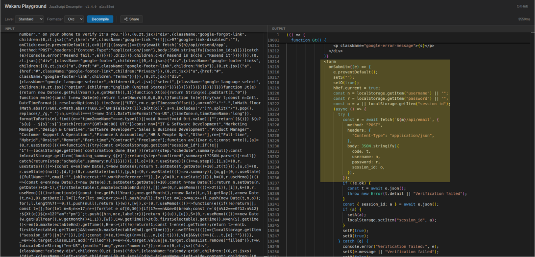 Unbundled JavaScript code showing a POST request highlighted in yellow.