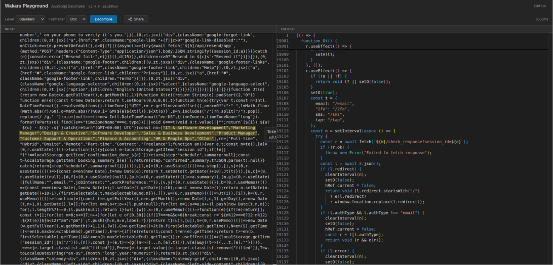 Screenshot of bundled JavaScript code showing unaltered strings highlighted in yellow.